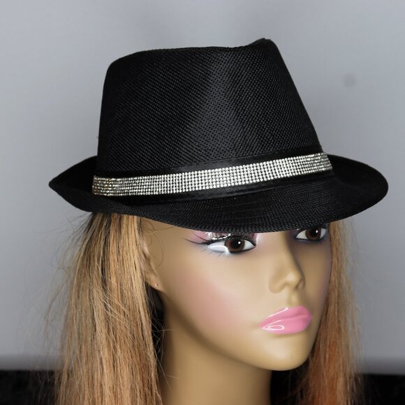 Women's Black Short Brim Fedora with Rhinestone Crown - Picture 2 of 2